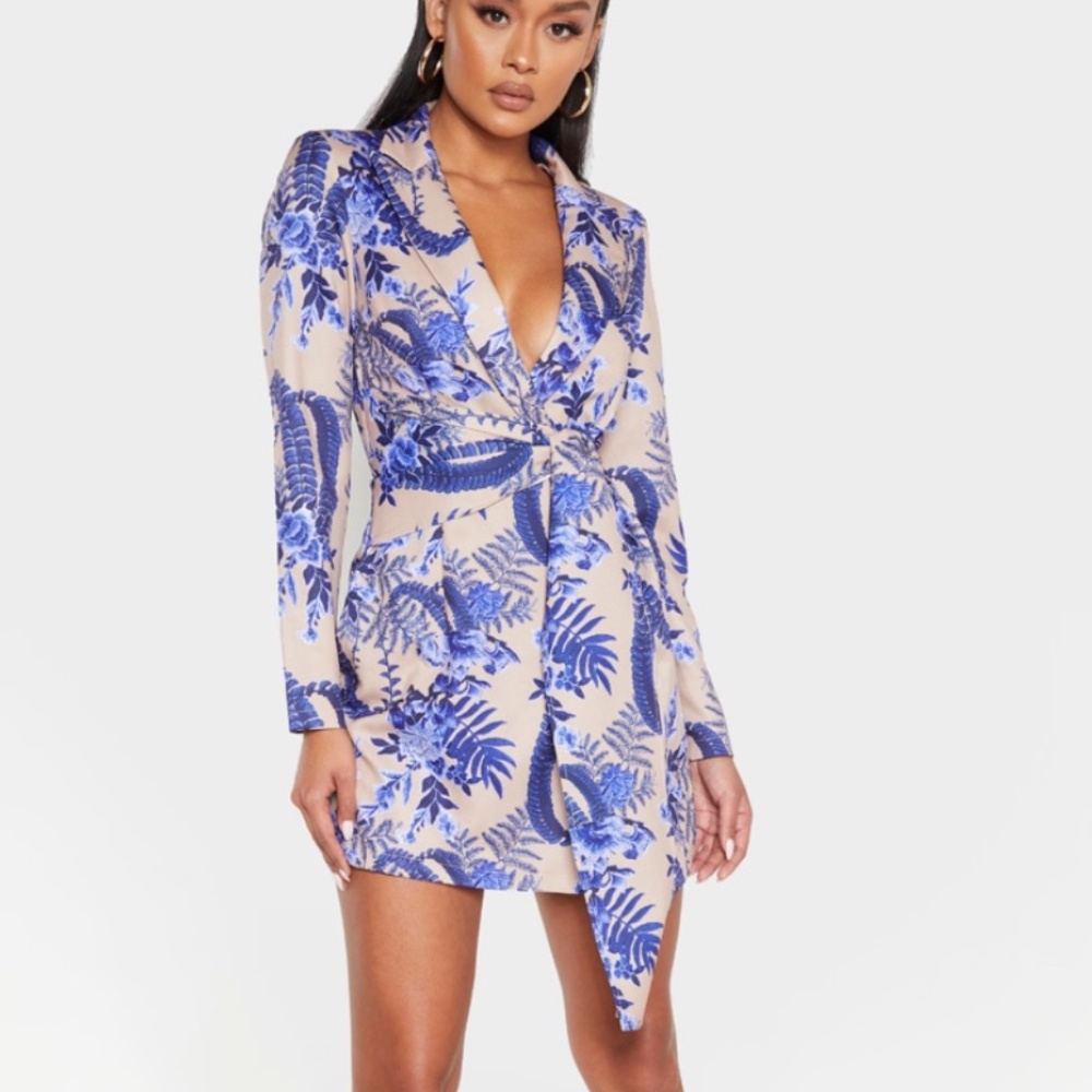 Nude Floral Wrap Detail Blazer Dress